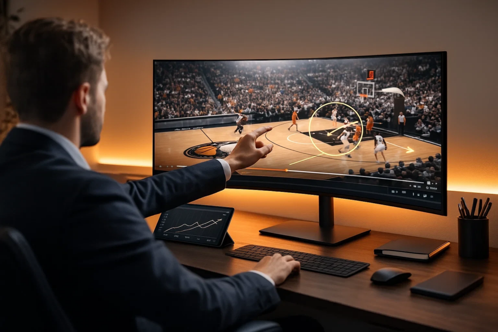 Analista profissional a estudar jogada de basquetebol em monitor, analisando estatísticas e mercados de apostas
