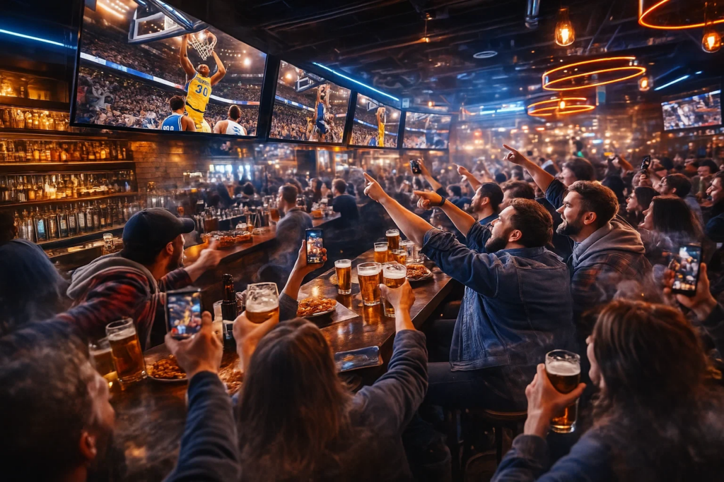 Adeptos entusiasmados a assistir jogo de basquetebol ao vivo em bar desportivo com múltiplos ecrãs