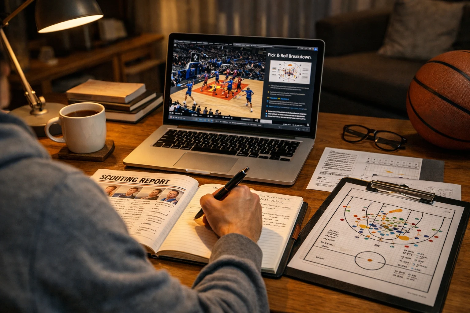Pessoa a fazer pesquisa aprofundada sobre basquetebol com portátil e notas