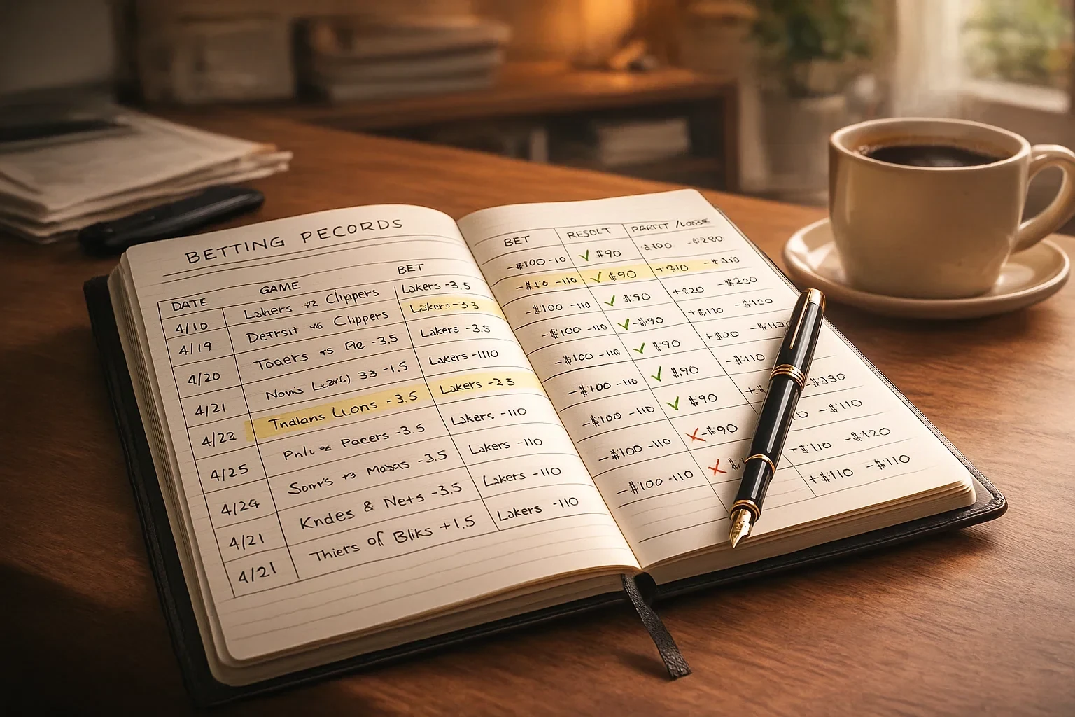 Caderno de registos de apostas de basquetebol com anotações e análise de resultados