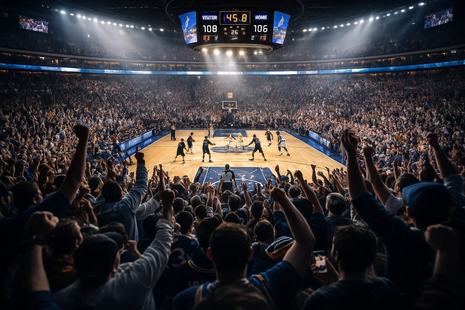 Momentos finais emocionantes de um jogo de basquetebol com público de pé