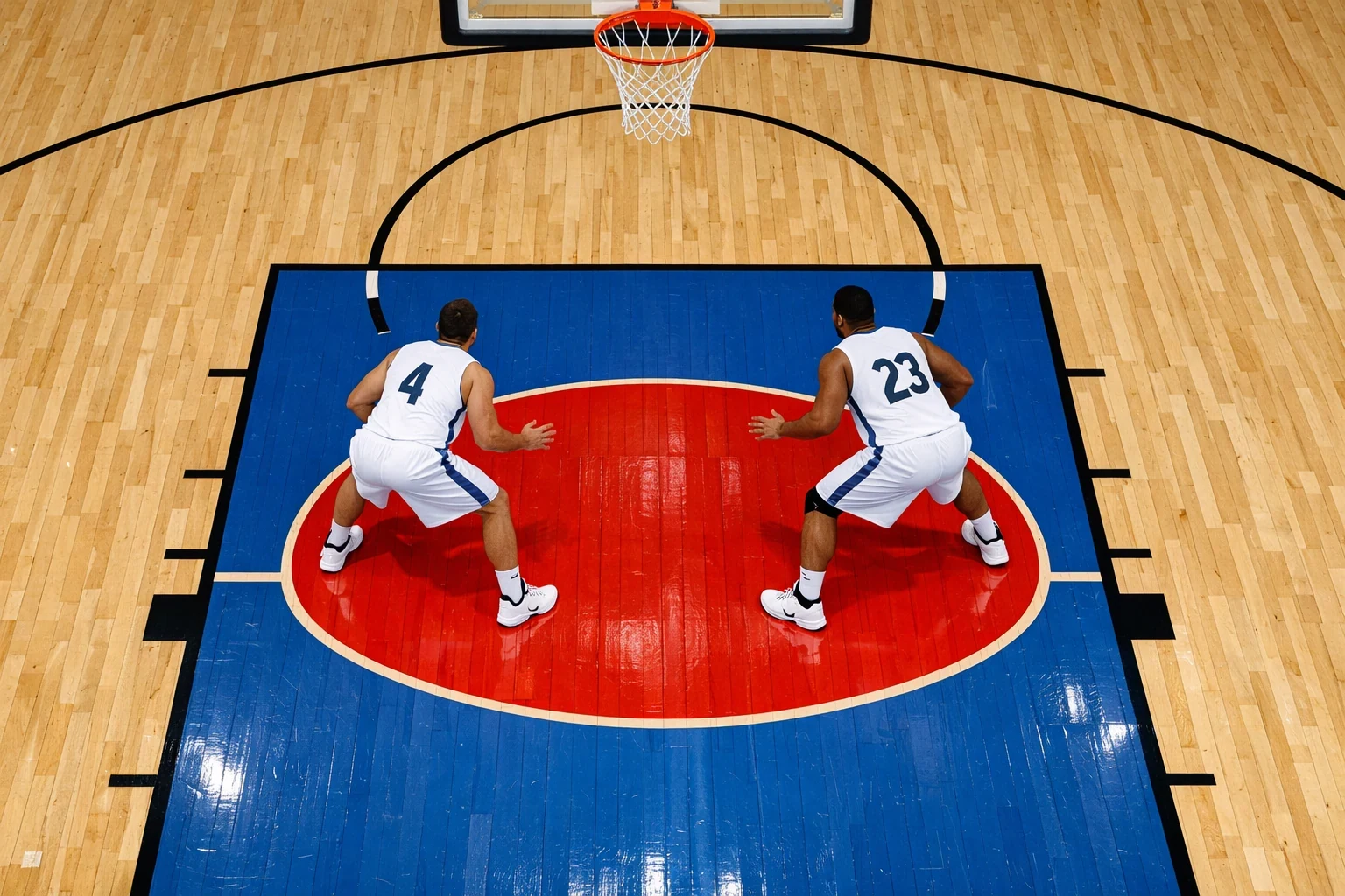 Campo de basquetebol com zona restritiva destacada e posicionamento defensivo