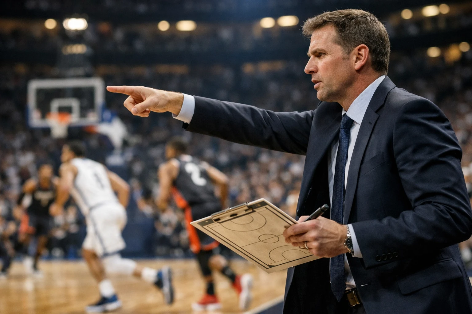 Treinador de basquetebol a analisar táticas durante o jogo