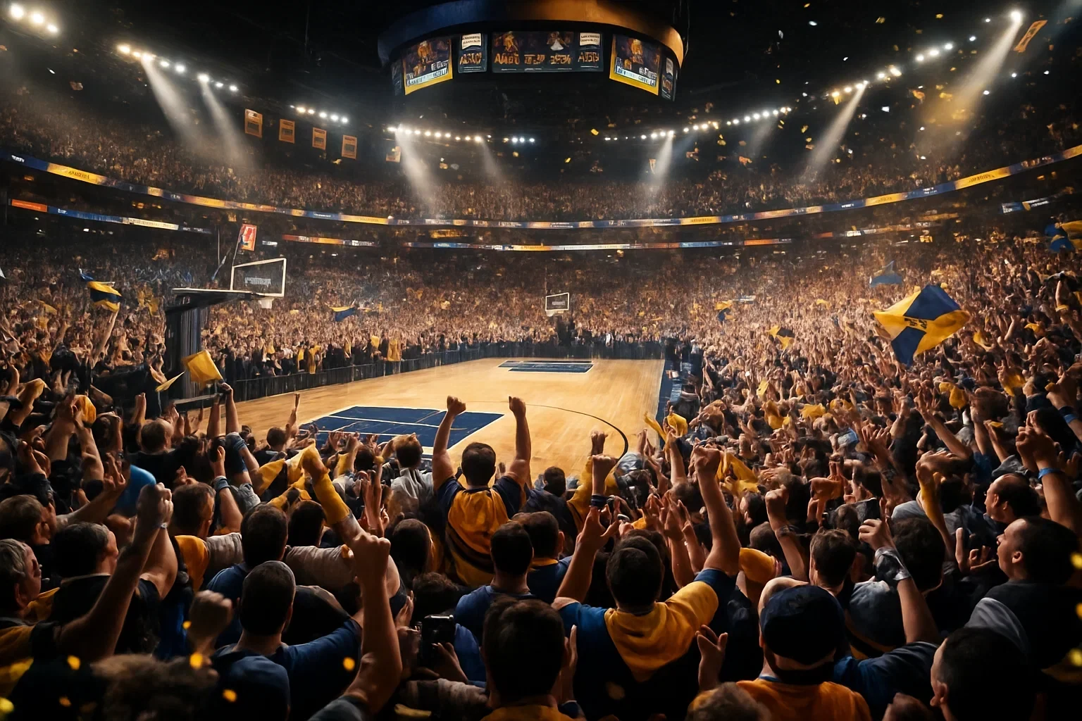 Arena de basquetebol com adeptos entusiasmados demonstrando vantagem de jogar em casa