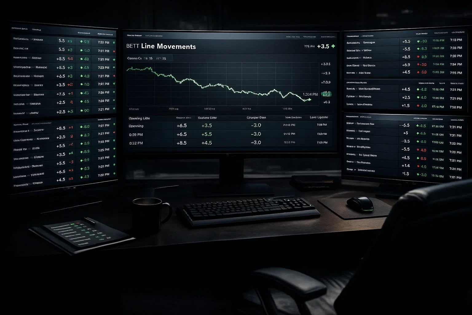 Movimento de linhas de apostas de basquetebol em ecrã de trading profissional