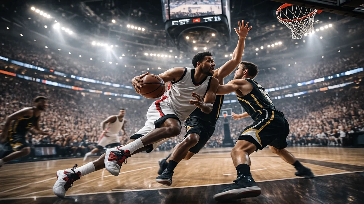 Momento de ação intensa num jogo de basquetebol profissional com arena cheia