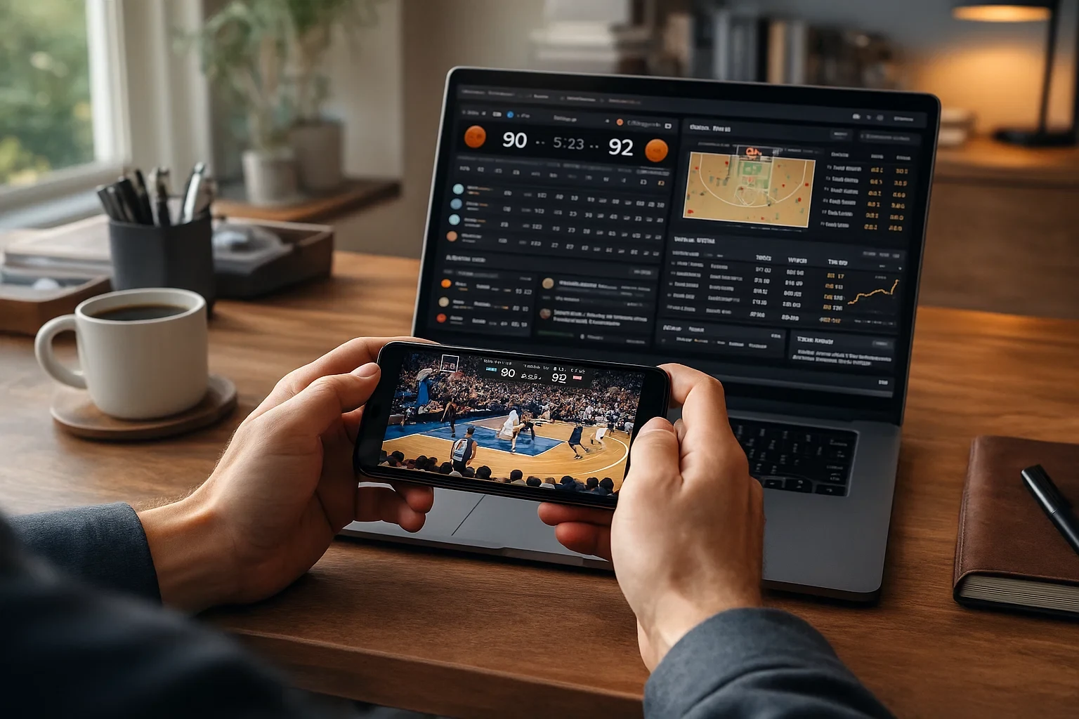 Mãos a segurar smartphone com jogo de basquetebol e portátil com estatísticas