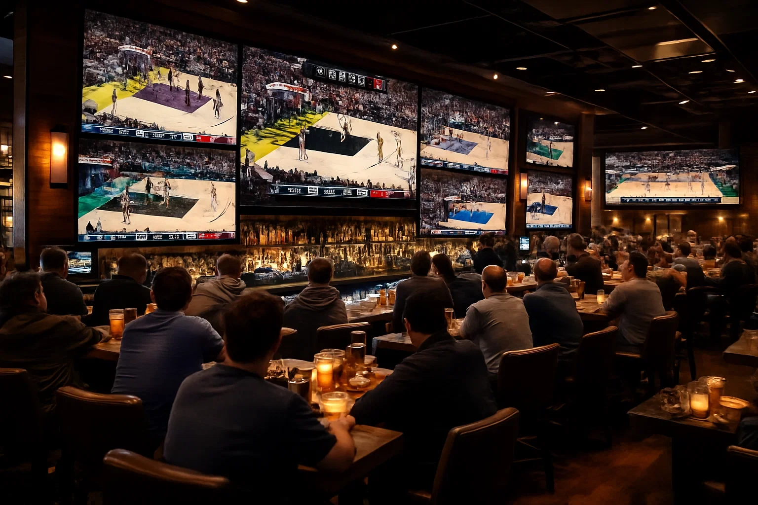 Espaço desportivo com múltiplos ecrãs a mostrar jogos de basquetebol em directo