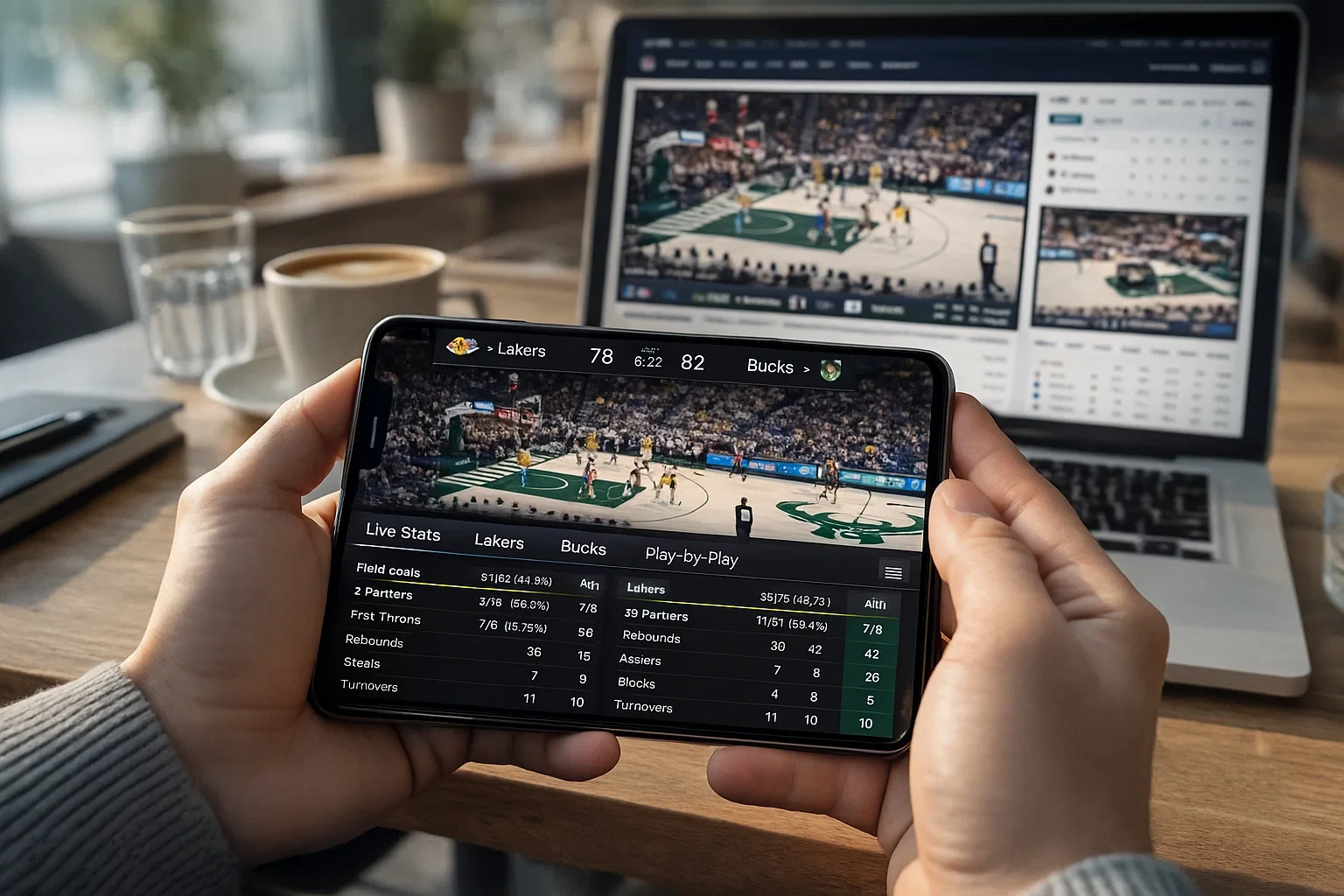 Smartphone e tablet a mostrar jogo de basquetebol e estatísticas