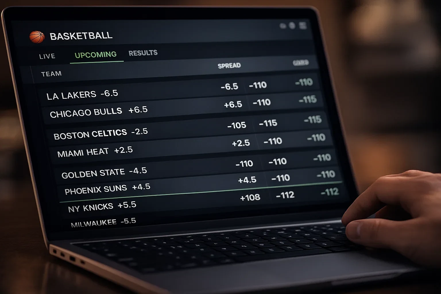 Ecrã de análise de odds e linhas de apostas de basquetebol