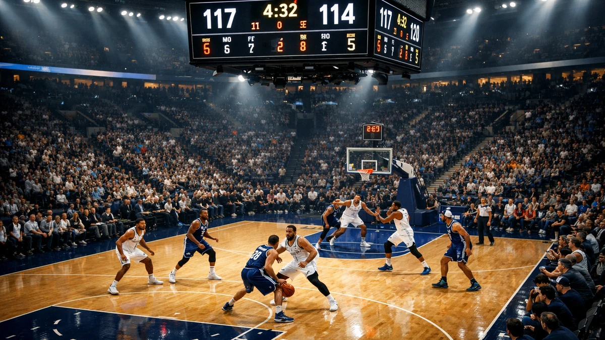 Jogo de basquetebol profissional com placar elevado numa arena moderna