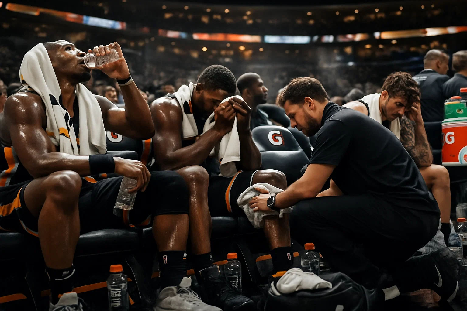 Jogadores de basquetebol em tempo morto mostrando fadiga física