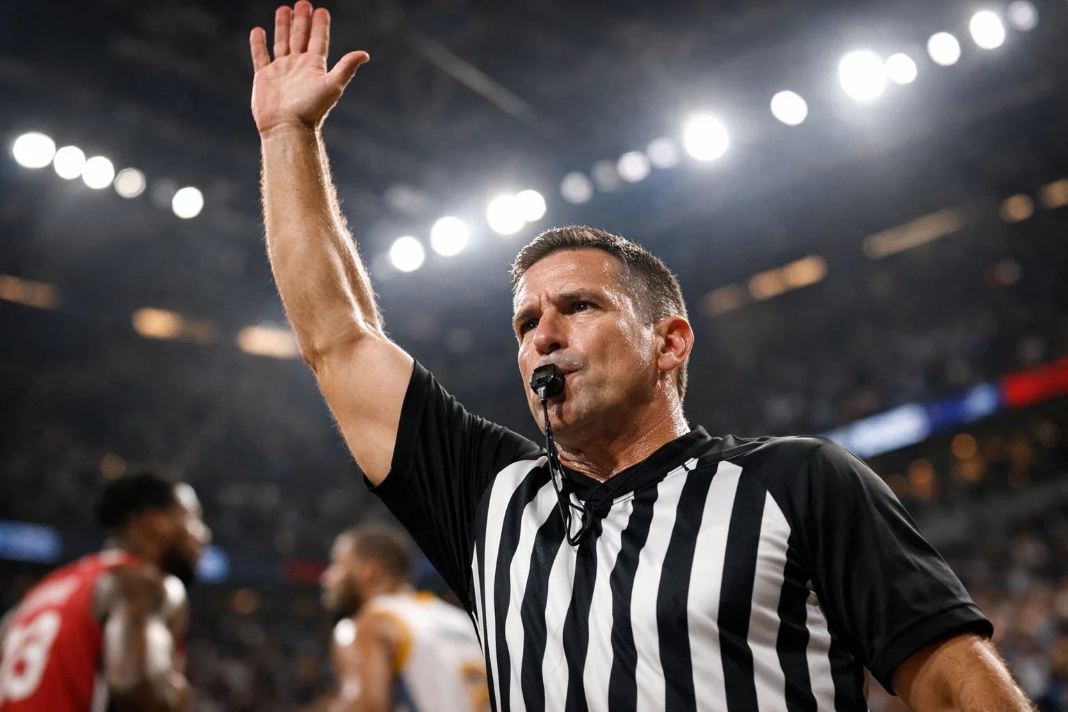 Árbitro de basquetebol a assinalar falta durante jogo profissional