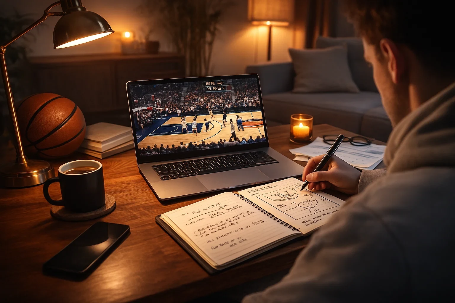 Pessoa a estudar basquetebol em casa com portátil e bloco de notas