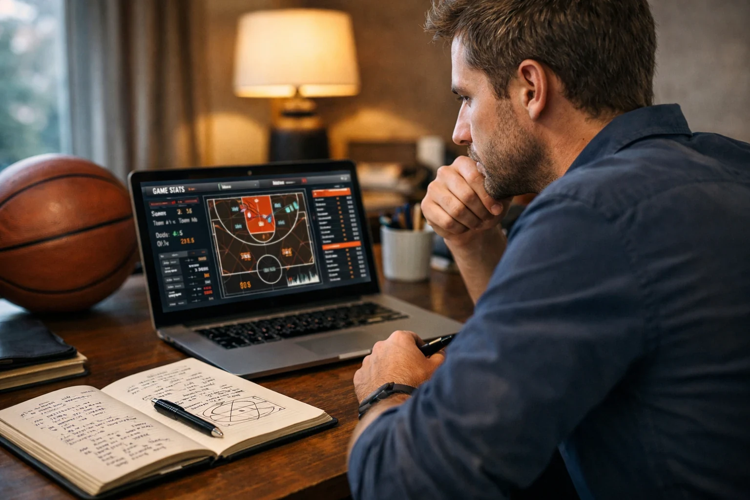 Analista a estudar estatísticas de basquetebol com notas e computador portátil