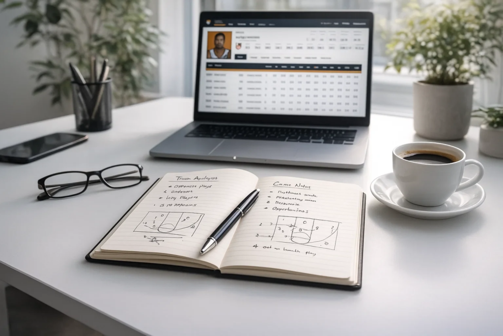 Espaço de trabalho organizado de analista desportivo com caderno de notas, portátil e estatísticas de basquetebol