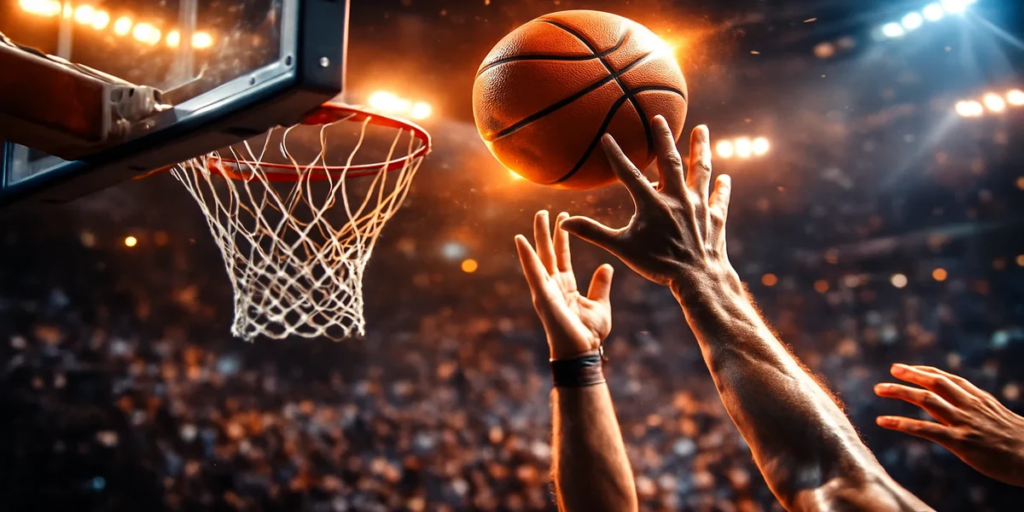 Momento dramático de jogo de basquetebol com bola próxima do cesto e mãos de jogador em ação