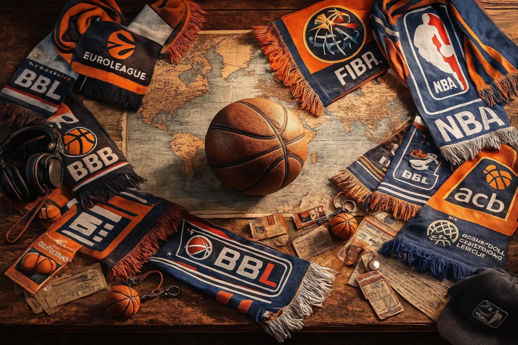 Composição artística com bola de basquetebol vintage e artigos de várias ligas internacionais sobre mapa mundial