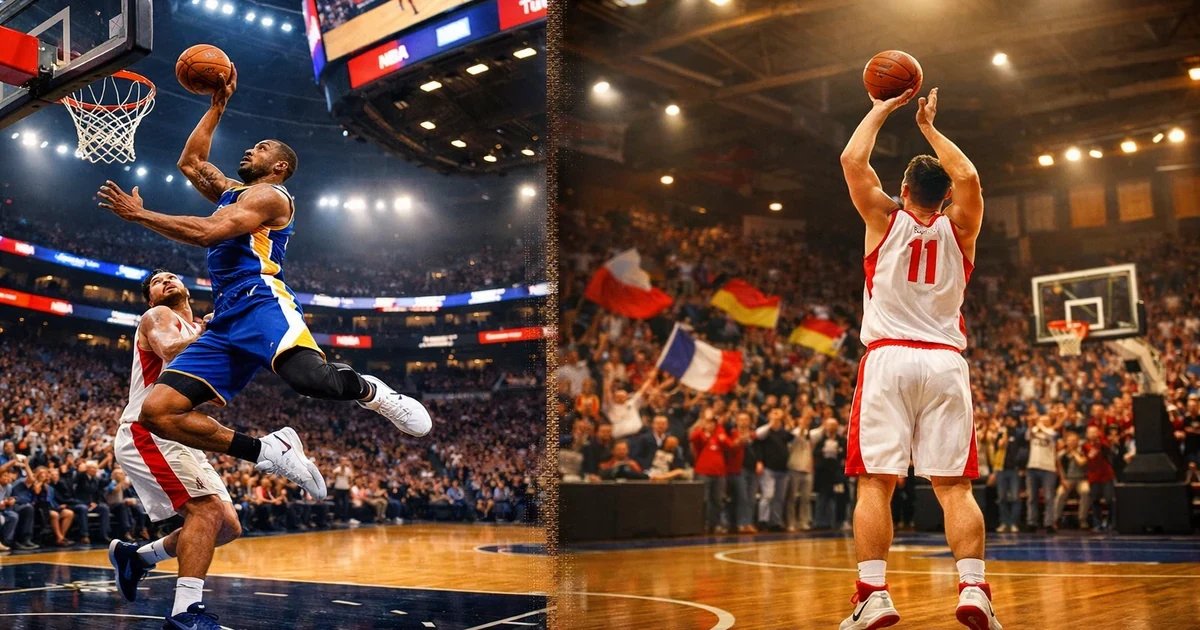 Comparação visual entre basquetebol NBA e FIBA com jogadores em acção